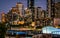 Melbourne skyline at dusk with riverside quay buildings at night in Melbourne Australia