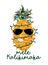 Mele Kalikimaka Happy New Year Christmas in Hawaiian pineapple in sunglasses with a garland.