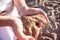 Mellow heart shaping female hands above beach