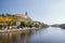 Melnik Lock on top over european river Labe in autumnal czech landscape