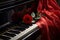 Melodic Blooms: A Vibrant Red Flower Serenades the Piano Keys