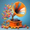 Melodic Whimsy: Orange Gramophone Amidst Colorful Balls on a Blue Background (3D Render