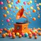 Melodic Whimsy: Orange Gramophone Amidst Colorful Balls on a Blue Background (3D Render