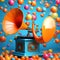 Melodic Whimsy: Orange Gramophone Amidst Colorful Balls on a Blue Background (3D Render