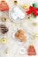 Melomakarona and kourabiedes ,traditional greek Christmas desserts on sheepskin carpet