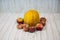 Melon Ethiopian peaches apples on a wooden table. Raw organic fruit.