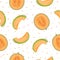 Melon half and slice seamless pattern on white background with seed, Fresh cantaloupe melon pattern background