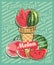Melon ice cream scoop in cone. Vector sketch illustration. Fruit ice cream idea, concept