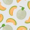 Melon whole and slice seamless pattern on gray background, Fresh cantaloupe melon pattern background