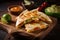 Melted cheese oozing out of a crispy and golden quesadilla, served on a rustic wooden board with fresh salsa and guacamole