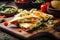 Melted cheese oozing out of a crispy and golden quesadilla, served on a rustic wooden board with fresh salsa and guacamole