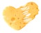 Melted piece of cheese in the shape of a heart on a white isolated background