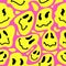 Melted smile faces, trippy seamless pattern. Retro hippie psychedelic distorted face. Lava lamp smile face vector