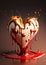 Melting brown chocolate over white heartshaped cookie. Dripping, oozing, splashing chocolate. Valentine`s day concept. Ai
