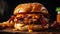 Melting cheddar cheeseburger on rustic wood plate with fresh salad generated by AI