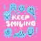 Melting faces. Keep smiling phrase. Blue groovy emoji, dripping melty funny character and lettering, 70s hippie psychedelic card