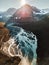 Melting glacier aerial view mountains and river landscape in northern Norway travel beautiful destinations