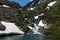 The melting glacier and snow of the mountain peaks