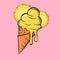 Melting ice cream balls in the waffle cone with pineapple slice isolated on pink background. Vector flat outline icon. Comic