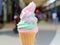 Melting Pastel Color Soft Serve Ice Cream Cone with Blurred Shopping Arcade in Background