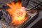 Melting process of precious metal gold behind a jeweler`s workbench.