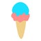 Melting red and blue soft ice cream or softy in waffle cone, flat doodle raster