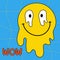 Melting smile face, trippy sticker Wow. Funny psychedelic surreal acid melt smile face logo. Vector Positive emoji. Comic dripping
