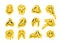 Melting smiling faces. Yellow colorful groovy emoji, dripping melty characters. Crazy smile vintage elements, hippie psychedelic