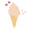 Melting soft ice cream or softy in waffle cone, hearts and drops on background, flat doodle raster