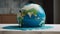 Melting spherical Earth model on concrete shelf with blue sea and green land, forming drips in heat