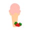 Melting strawberry ice cream in cone, raster illustration