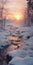 Melting Sunset A Photorealistic Depiction Of A Snowy River