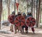 Members of the annual reconstruction of the life of the Vikings - `Viking Village` demonstrate combat formation in the forest near