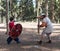 Members of the annual reconstruction of the life of the Vikings - `Viking Village` show a fight on spears in the forest near Ben S