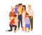 Members of big happy family standing together with senior grandparents, parents, children and dog. Portrait of mother