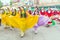 Members of dance groups in national costumes at the festive procession of graduates of schools