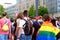 Members of the international LGBT movement, Gay pride parade in the city with rainbow flags, demonstration of people, mass march