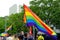 Members of the international LGBT movement, Gay pride parade in the city with rainbow flags, demonstration of people, mass march