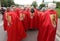 Members of the Jesus the King of Poland brotherhood seen marching during procession in Cracow, Poland