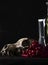 Memento Mori. Still life of a skull, viburnum and a glass bottle with a bouquet
