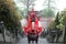 Memorable red ribbons during a rainy and foggy day in a wushu Temple