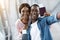 Memorable Trip. Happy Black Couple Capturing Selfie Photo At Airport Terminal