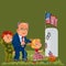 Memorial Day, adult man with children in military cemetery near grave with white monument to veteran, family boy and