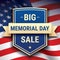 Memorial Day big sale postcard vector design, with text on a shield on a waving USA flag background