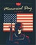 Memorial day card. Soldier against american flag. Vector illustration. Patriotic poster.