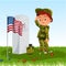 Memorial Day, childs on military cemetery,little boy in uniform salutes on grave war veteran, family children honoring