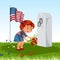 Memorial Day, childs on military cemetery, little girl lays flowers on grave war veteran, family children honoring