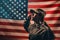 Memorial day. A female soldier in uniform salutes against the background of the American flag. Side view. The concept of the