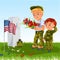 Memorial Day, man with children on military cemetery near grave with white monument to veteran, boy memory and remember