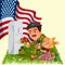 Memorial Day, man with children on military cemetery near grave with white monument to veteran, girl memory and remember